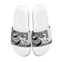 Hawaiian Tribal Manta Ray Slide Sandals Kakau Tattoo and Polynesian Art Motif Pattern