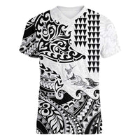 Hawaiian Tribal Manta Ray Women V-Neck T-Shirt Kakau Tattoo and Polynesian Art Motif Pattern LT03 Female Multicolor - Polynesian Pride