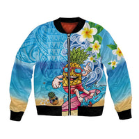 Hawaiian Funny Pineapple Surfing Bomber Jacket Beach with Tribal Kakau and Plumeria