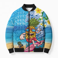 Hawaiian Funny Pineapple Surfing Bomber Puffer Jacket Beach with Tribal Kakau and Plumeria
