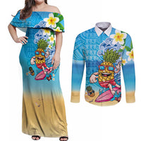 Hawaiian Funny Pineapple Surfing Couples Matching Off Shoulder Maxi Dress and Long Sleeve Button Shirt Beach with Tribal Kakau and Plumeria LT03 Multicolor - Polynesian Pride