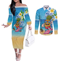 Hawaiian Funny Pineapple Surfing Couples Matching Off The Shoulder Long Sleeve Dress and Long Sleeve Button Shirt Beach with Tribal Kakau and Plumeria LT03 Multicolor - Polynesian Pride
