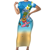 Hawaiian Funny Pineapple Surfing Family Matching Short Sleeve Bodycon Dress and Hawaiian Shirt Beach with Tribal Kakau and Plumeria LT03 Mom's Dress Multicolor - Polynesian Pride