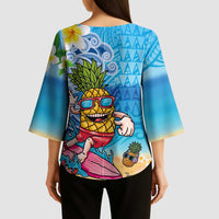 Hawaiian Funny Pineapple Surfing Kimono Sleeve Blouse Beach with Tribal Kakau and Plumeria