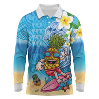 Hawaiian Funny Pineapple Surfing Long Sleeve Polo Shirt Beach with Tribal Kakau and Plumeria