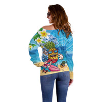 Hawaiian Funny Pineapple Surfing Off Shoulder Sweater Beach with Tribal Kakau and Plumeria