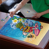 Hawaiian Funny Pineapple Surfing Puzzle Beach with Tribal Kakau and Plumeria