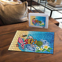 Hawaiian Funny Pineapple Surfing Puzzle Beach with Tribal Kakau and Plumeria