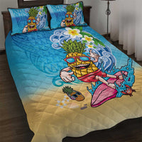 Hawaiian Funny Pineapple Surfing Quilt Bed Set Beach with Tribal Kakau and Plumeria