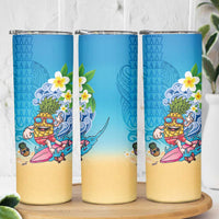 Hawaiian Funny Pineapple Surfing Skinny Tumbler Beach with Tribal Kakau and Plumeria LT03 - Polynesian Pride