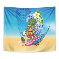 Hawaiian Funny Pineapple Surfing Tapestry Beach with Tribal Kakau and Plumeria