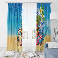 Hawaiian Funny Pineapple Surfing Window Curtain Beach with Tribal Kakau and Plumeria