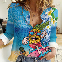Hawaiian Funny Pineapple Surfing Women Casual Shirt Beach with Tribal Kakau and Plumeria LT03 Female Multicolor - Polynesian Pride