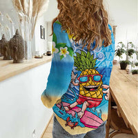 Hawaiian Funny Pineapple Surfing Women Casual Shirt Beach with Tribal Kakau and Plumeria LT03 - Polynesian Pride