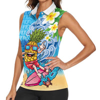 Hawaiian Funny Pineapple Surfing Women Sleeveless Polo Shirt Beach with Tribal Kakau and Plumeria LT03 - Polynesian Pride
