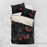 Hawaiian Taro Leaves and Ohia Lehua Bedding Set Polynesian Tribal Art Tropical Plants Motifs Grayscale