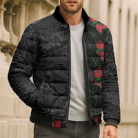 Hawaiian Taro Leaves and Ohia Lehua Bomber Puffer Jacket Polynesian Tribal Art Tropical Plants Motifs Grayscale