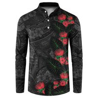 Hawaiian Taro Leaves and Ohia Lehua Button Sweatshirt Polynesian Tribal Art Tropical Plants Motifs Grayscale