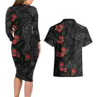 Hawaiian Taro Leaves and Ohia Lehua Couples Matching Long Sleeve Bodycon Dress and Hawaiian Shirt Polynesian Tribal Art Tropical Plants Motifs Grayscale LT03 - Polynesian Pride