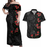 Hawaiian Taro Leaves and Ohia Lehua Couples Matching Off Shoulder Maxi Dress and Hawaiian Shirt Polynesian Tribal Art Tropical Plants Motifs Grayscale LT03 Multicolor - Polynesian Pride