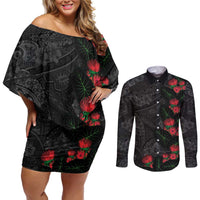 Hawaiian Taro Leaves and Ohia Lehua Couples Matching Off Shoulder Short Dress and Long Sleeve Button Shirt Polynesian Tribal Art Tropical Plants Motifs Grayscale LT03 Multicolor - Polynesian Pride
