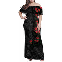 Hawaiian Taro Leaves and Ohia Lehua Family Matching Off Shoulder Maxi Dress and Hawaiian Shirt Polynesian Tribal Art Tropical Plants Motifs Grayscale LT03 Mom's Dress Multicolor - Polynesian Pride