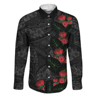 Hawaiian Taro Leaves and Ohia Lehua Family Matching Puletasi and Hawaiian Shirt Polynesian Tribal Art Tropical Plants Motifs Grayscale LT03 Dad's Shirt - Long Sleeve Multicolor - Polynesian Pride