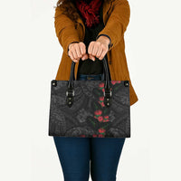 Hawaiian Taro Leaves and Ohia Lehua Leather Bag Polynesian Tribal Art Tropical Plants Motifs Grayscale