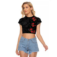 Hawaiian Taro Leaves and Ohia Lehua Raglan Cropped T Shirt Polynesian Tribal Art Tropical Plants Motifs Grayscale LT03 Female Multicolor - Polynesian Pride