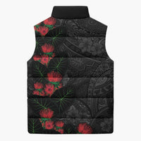 Hawaiian Taro Leaves and Ohia Lehua Sleeveless Puffer Jacket Polynesian Tribal Art Tropical Plants Motifs Grayscale