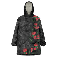 Hawaiian Taro Leaves and Ohia Lehua Wearable Blanket Hoodie Polynesian Tribal Art Tropical Plants Motifs Grayscale LT03 One Size Multicolor - Polynesian Pride