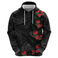 Hawaiian Taro Leaves and Ohia Lehua Zip Hoodie Polynesian Tribal Art Tropical Plants Motifs Grayscale LT03 - Polynesian Pride