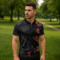 Hawaiian Taro Leaves and Ohia Lehua Zipper Polo Shirt Polynesian Tribal Art Tropical Plants Motifs Grayscale LT03 - Polynesian Pride