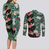 Hawaiian Taro Leaves and Ohia Lehua Couples Matching Long Sleeve Bodycon Dress and Long Sleeve Button Shirt Polynesian Tribal Art Tropical Plants Motifs Colorful LT03 - Polynesian Pride
