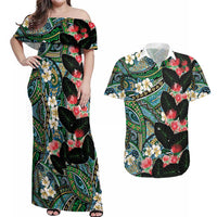 Hawaiian Taro Leaves and Ohia Lehua Couples Matching Off Shoulder Maxi Dress and Hawaiian Shirt Polynesian Tribal Art Tropical Plants Motifs Colorful LT03 Multicolor - Polynesian Pride