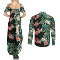 Hawaiian Taro Leaves and Ohia Lehua Couples Matching Summer Maxi Dress and Long Sleeve Button Shirt Polynesian Tribal Art Tropical Plants Motifs Colorful LT03 - Polynesian Pride