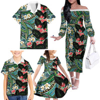 Hawaiian Taro Leaves and Ohia Lehua Family Matching Off The Shoulder Long Sleeve Dress and Hawaiian Shirt Polynesian Tribal Art Tropical Plants Motifs Colorful LT03 - Polynesian Pride