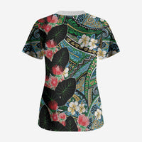 Hawaiian Taro Leaves and Ohia Lehua Scrub Top Polynesian Tribal Art Tropical Plants Motifs Colorful LT03 - Polynesian Pride