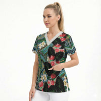 Hawaiian Taro Leaves and Ohia Lehua Scrub Top Polynesian Tribal Art Tropical Plants Motifs Colorful LT03 - Polynesian Pride