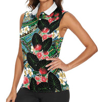 Hawaiian Taro Leaves and Ohia Lehua Women Sleeveless Polo Shirt Polynesian Tribal Art Tropical Plants Motifs Colorful LT03 - Polynesian Pride