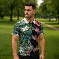 Hawaiian Taro Leaves and Ohia Lehua Zipper Polo Shirt Polynesian Tribal Art Tropical Plants Motifs Colorful LT03 - Polynesian Pride