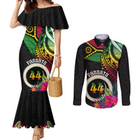 Personalised Vanuatu 44th Anniversary Couples Matching Mermaid Dress and Long Sleeve Button Shirt Boars Tusk Tugeta Yumi Selebretem Indipendens Dei LT03 Black - Polynesian Pride