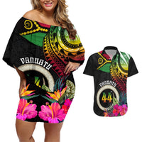 Personalised Vanuatu 44th Anniversary Couples Matching Off Shoulder Short Dress and Hawaiian Shirt Boars Tusk Tugeta Yumi Selebretem Indipendens Dei LT03 Black - Polynesian Pride