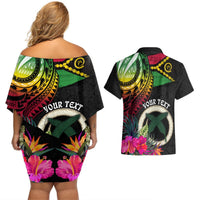 Personalised Vanuatu 44th Anniversary Couples Matching Off Shoulder Short Dress and Hawaiian Shirt Boars Tusk Tugeta Yumi Selebretem Indipendens Dei LT03 - Polynesian Pride