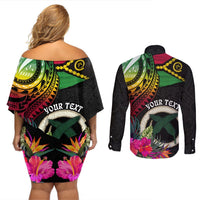 Personalised Vanuatu 44th Anniversary Couples Matching Off Shoulder Short Dress and Long Sleeve Button Shirt Boars Tusk Tugeta Yumi Selebretem Indipendens Dei LT03 - Polynesian Pride