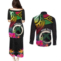 Vanuatu 44th Anniversary Couples Matching Puletasi and Long Sleeve Button Shirt Boars Tusk Tugeta Yumi Selebretem Indipendens Dei