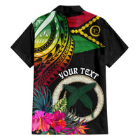 Personalised Vanuatu 44th Anniversary Family Matching Off Shoulder Short Dress and Hawaiian Shirt Boars Tusk Tugeta Yumi Selebretem Indipendens Dei LT03 - Polynesian Pride
