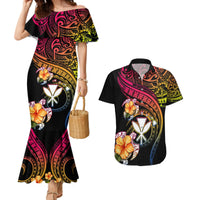 Polynesia Hawaii Turtle Day Couples Matching Mermaid Dress and Hawaiian Shirt Hibiscus and Kanaka Maoli