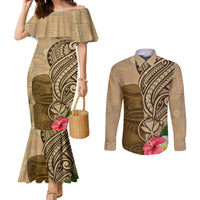 Hawaii Kanaloa Tiki Couples Matching Mermaid Dress and Long Sleeve Button Shirt Polynesian Tattoo and Tapa Pattern