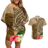 Hawaii Kanaloa Tiki Couples Matching Off Shoulder Short Dress and Hawaiian Shirt Polynesian Tattoo and Tapa Pattern LT03 Beige - Polynesian Pride